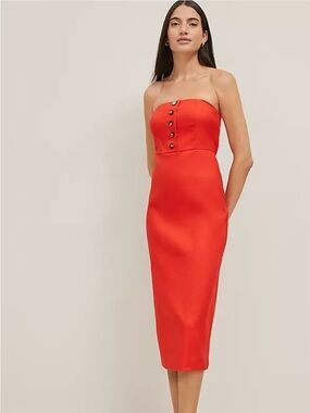 NWT Ann Taylor Buttoned Strapless Linen-blend Dress Fiery Red, Size 12